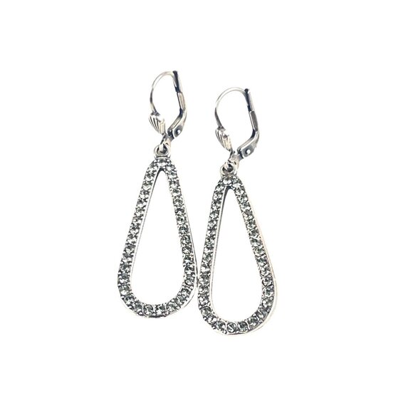 Rhinestone Open Teardrop Leverback Dangle Earrings In Silver-Tone Metal - Picture 3 of 5